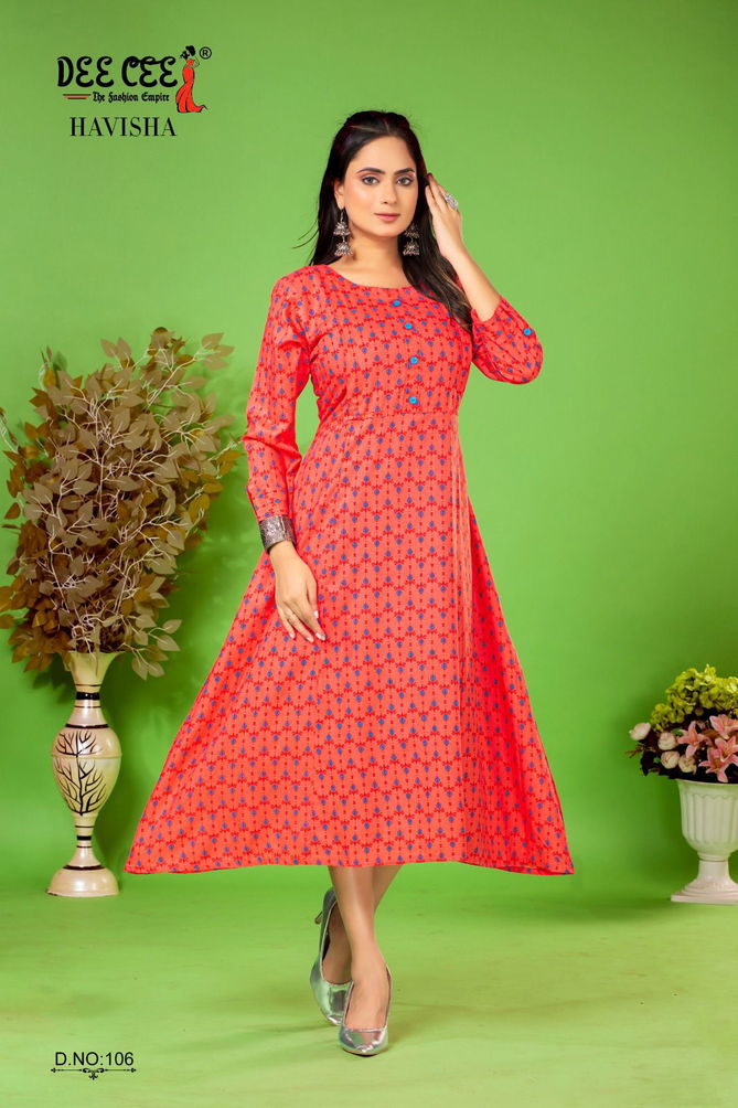 Havisha By Dee Cee Rayon Printed Long Kurtis Wholesale Price In Surat
